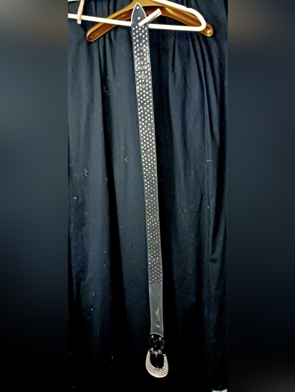Studded Black Leather Belt with Rhinestone Buckle